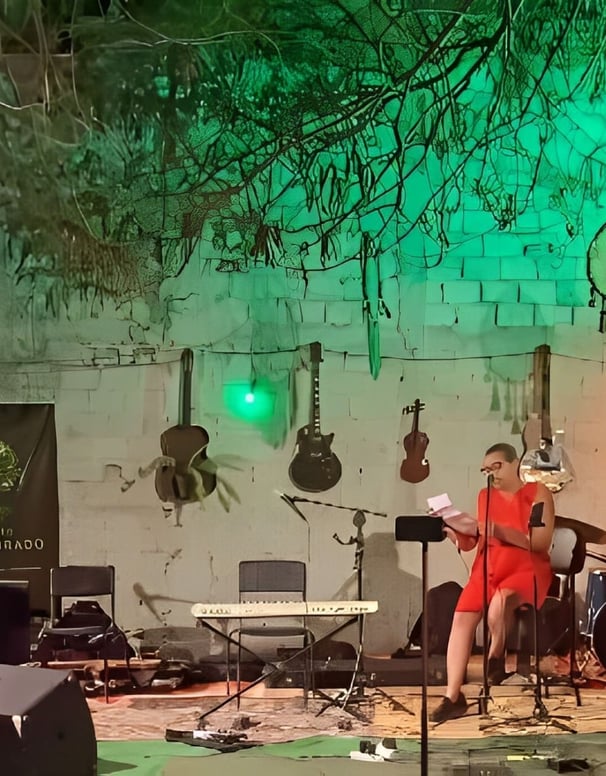 Patrícia Soares narrando uma história autoral sobre arte em frente a uma audiência atenta.