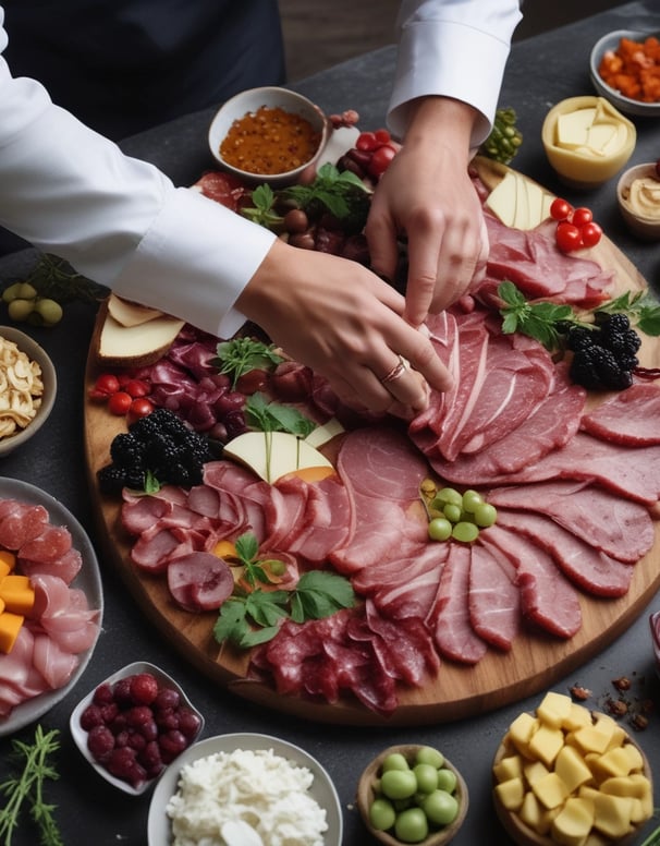 A charcuterie board held by a person, featuring various types of cheese, meats, a radish slice, green beans, carrots, and slices of grilled bread. The board has a rustic, natural wood finish, and the person is wearing a denim shirt.