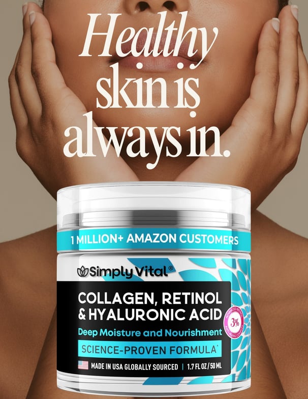 a woman with a smile on her face and a jar of collagen skin