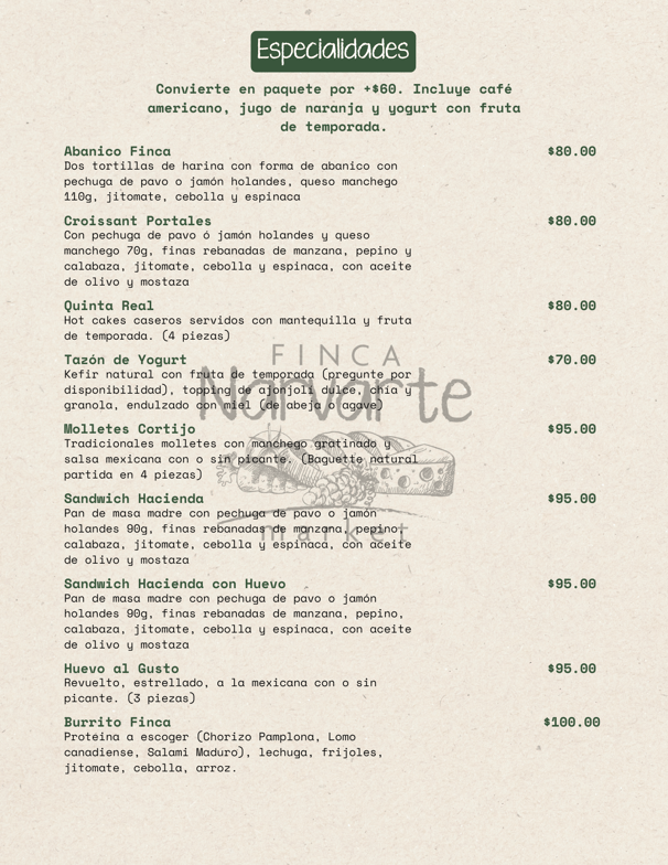 Desayuno completo con café, jugo y hot cakes en Finca Narvarte