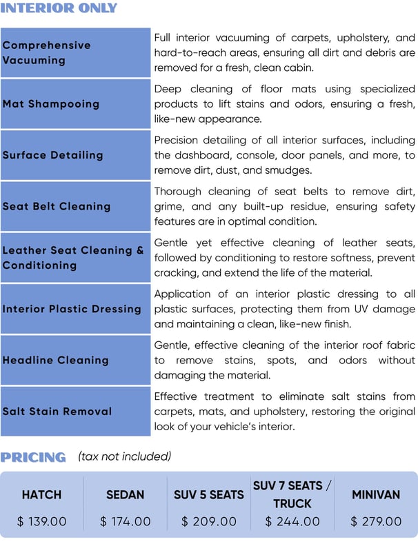 Interior detailing with vacuuming, mat shampoo, seat and leather cleaning, plastic dressing