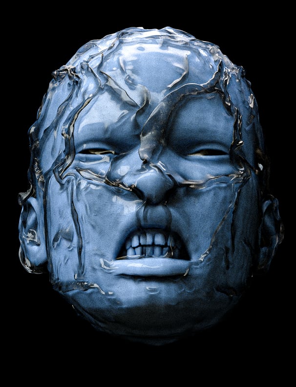 3D rendered blue face with a mask made of glass