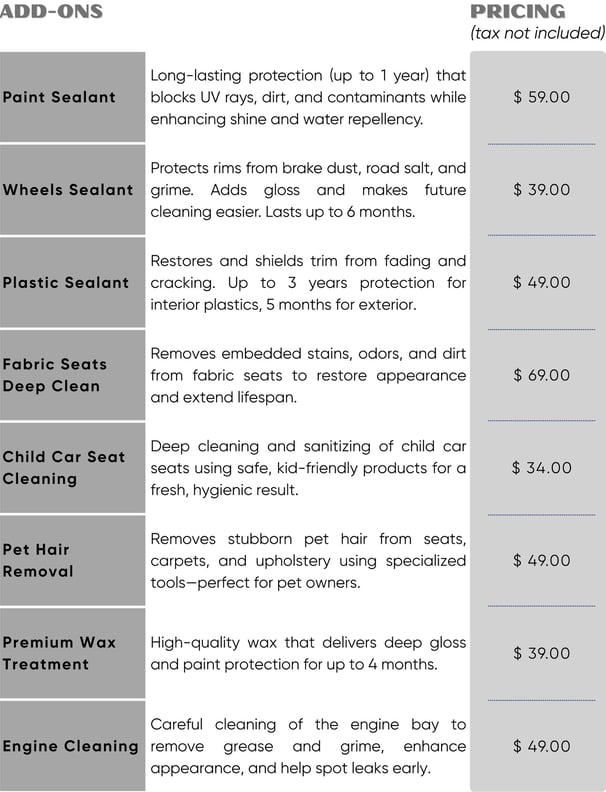 Add-on services like sealant, fabric seat cleaning, pet hair removal, wax treatment and engine clean