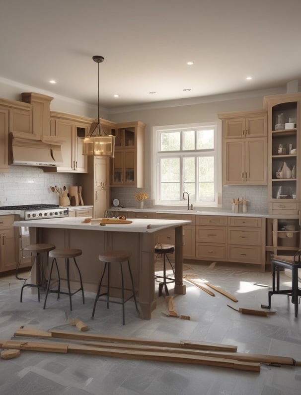 Luxury kitchen with island, pendant lights, and beige cabinets