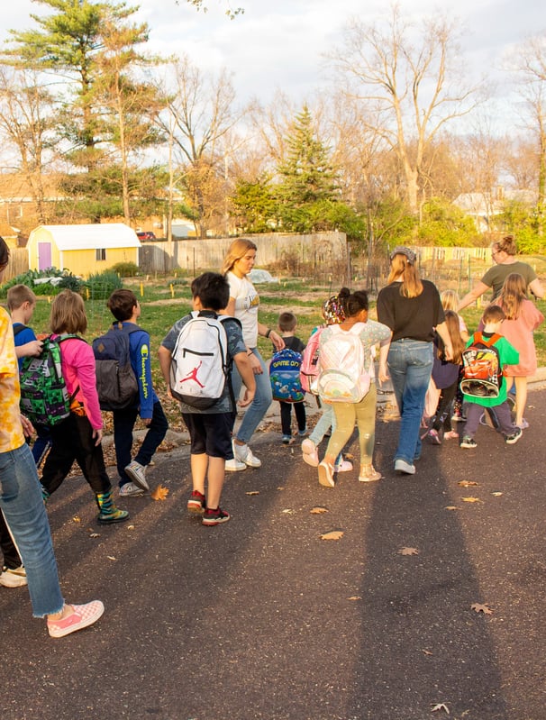 Group of our Benton Elementary students walking to our facilities in a line.