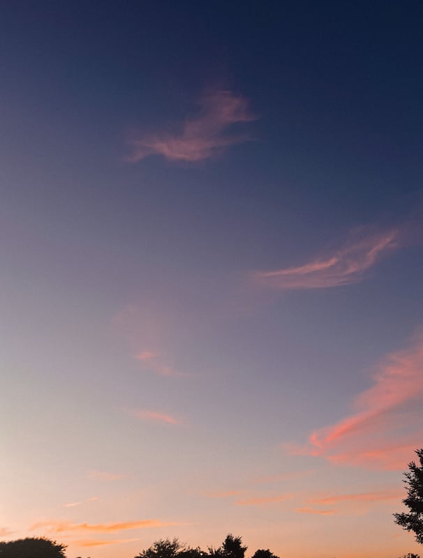 A serene view of the sky at dusk with soft pink clouds and silhouettes of trees below, evoking tranquility and natural beauty