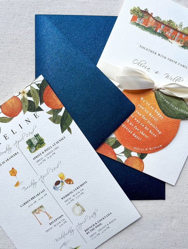 wedding suite with invitation card and weekend timeline card