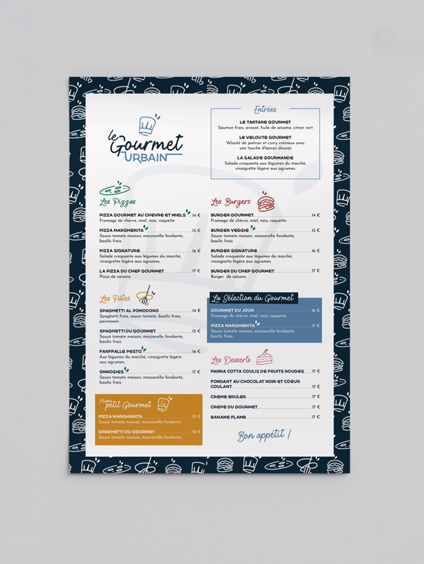 Réalisation : menu restaurant - Le gourmet urbain - Amy Atelier Graphique