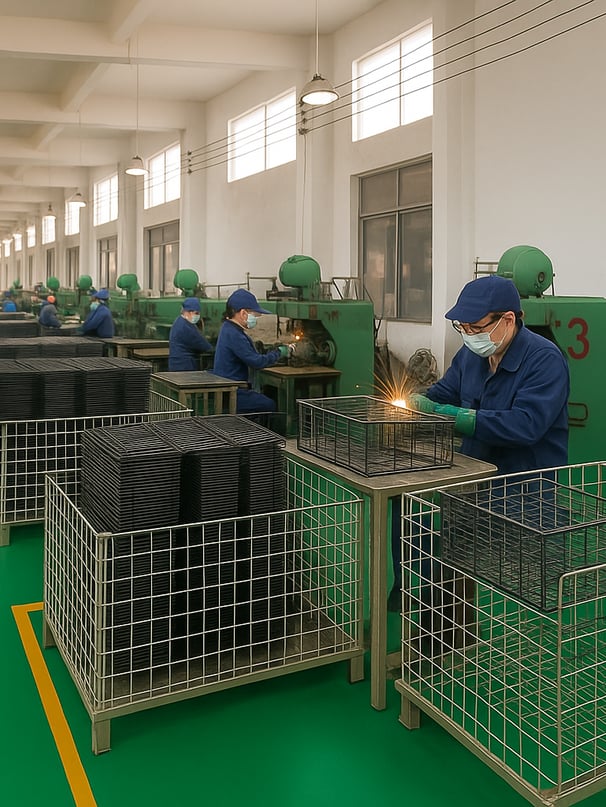 Factory workers assembling custom metal storage racks — small-batch OEM production from China