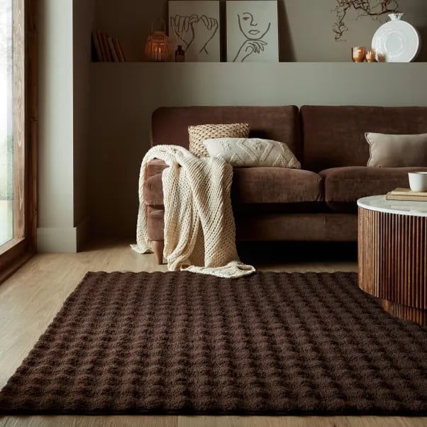 tan knit pillow and throw blanket, brown rug, brown couch, minimal painting