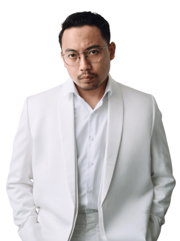 a man in a white suit and glasses