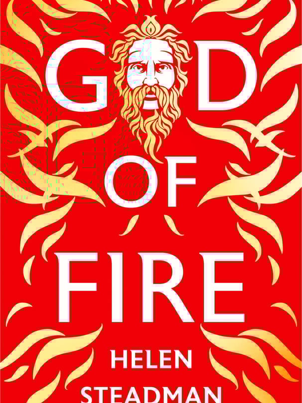 A bearded Greek god emerges from golden flames against a scarlet backdrop.