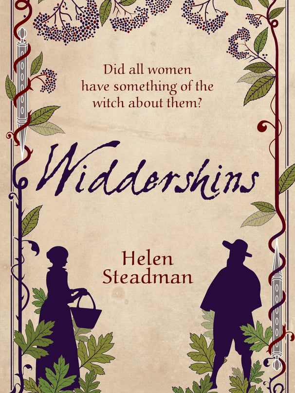 A young woman faces a witchfinder. Dark purple silhouettes on a flesh-coloured background.