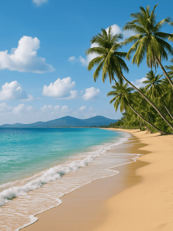 a beach with palm trees and a blue sky