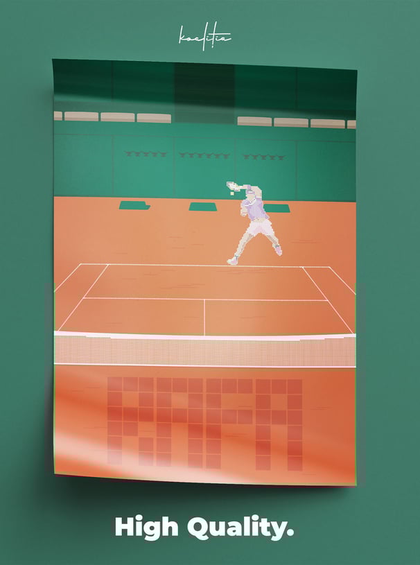 Poster tenis cu Rafa Nadal pe terenul de la Roland Garros.