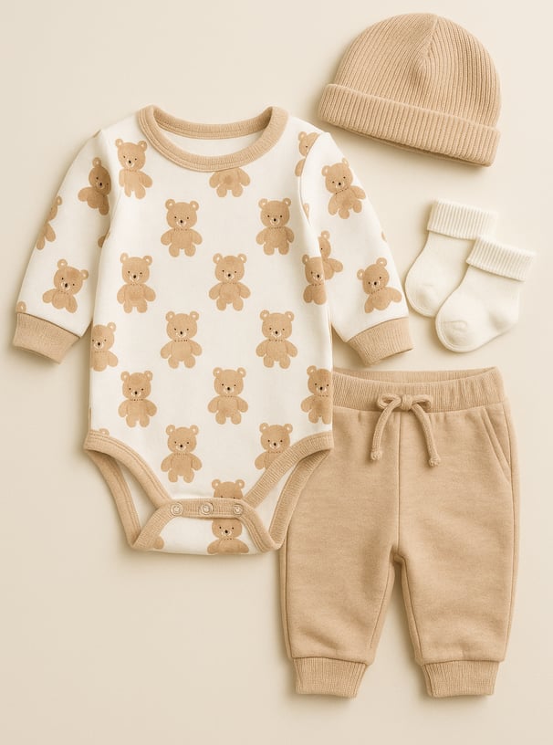 a baby's outfit with a hat and a baby's booties