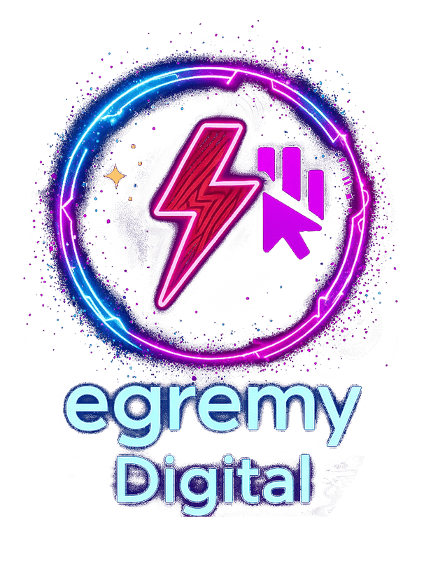 Logotipo Egremy Digital en neón con rayo, gráfico de barras y cursor, simboliza velocidad y efectividad en marketing digital.