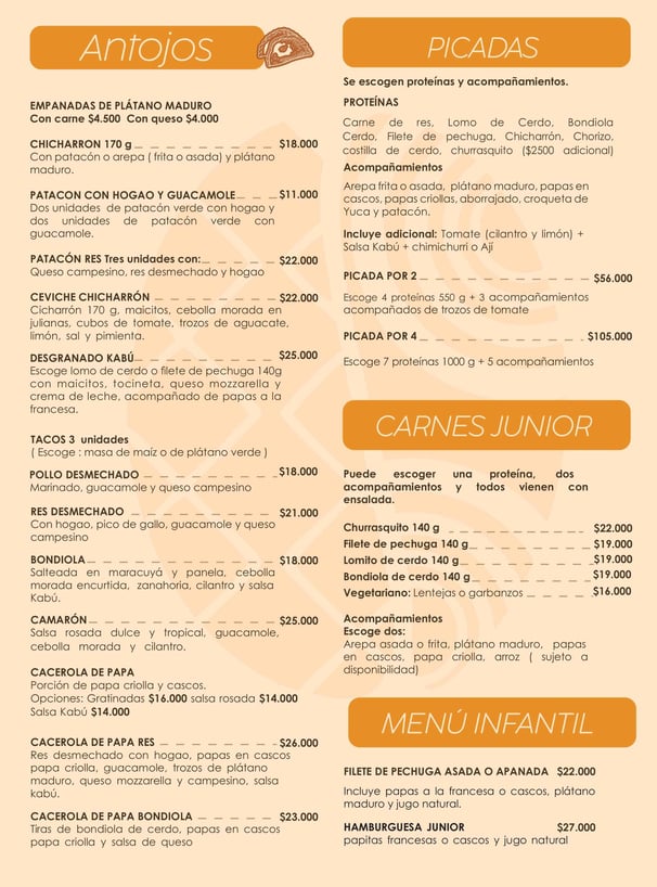 Antojos y picadas Menú Kabú Café Restaurante