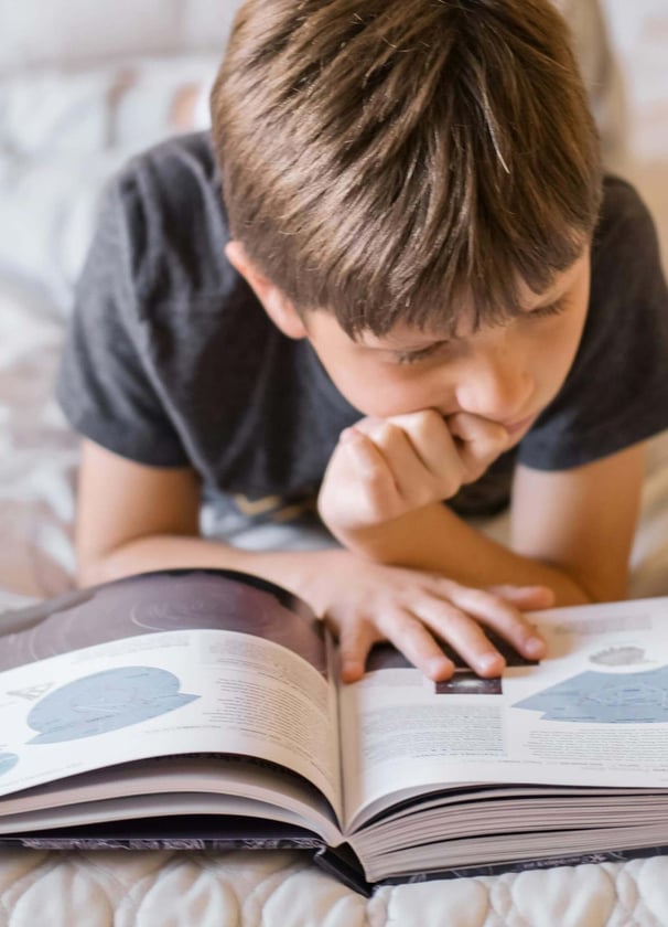 A young boy reading a children's picture book.