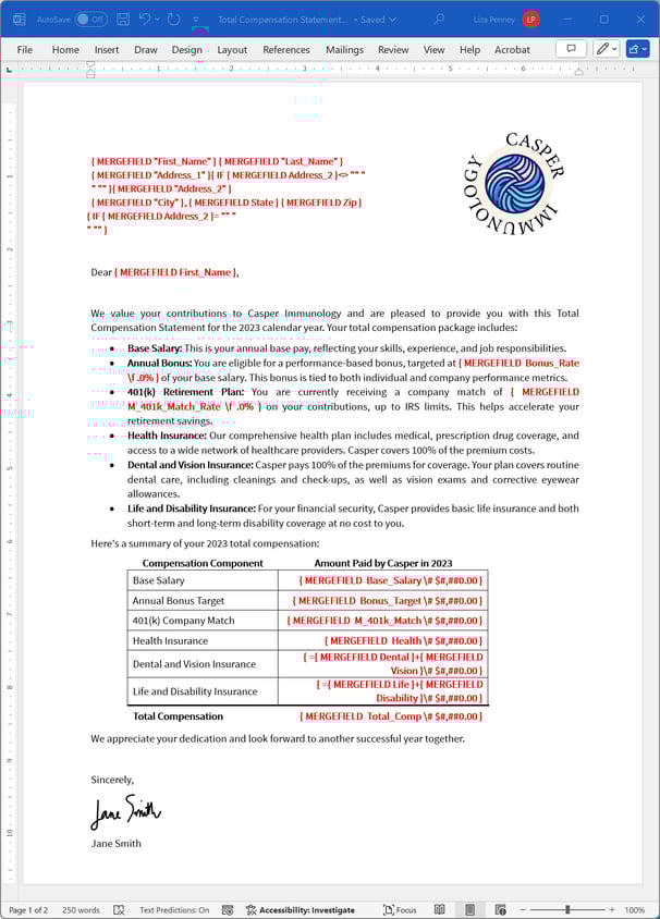 model total compensation statement with programmed mail merge field codes and switches in red