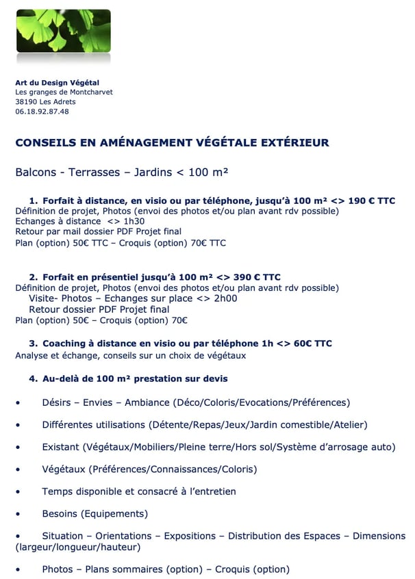 tarif art du design végatal