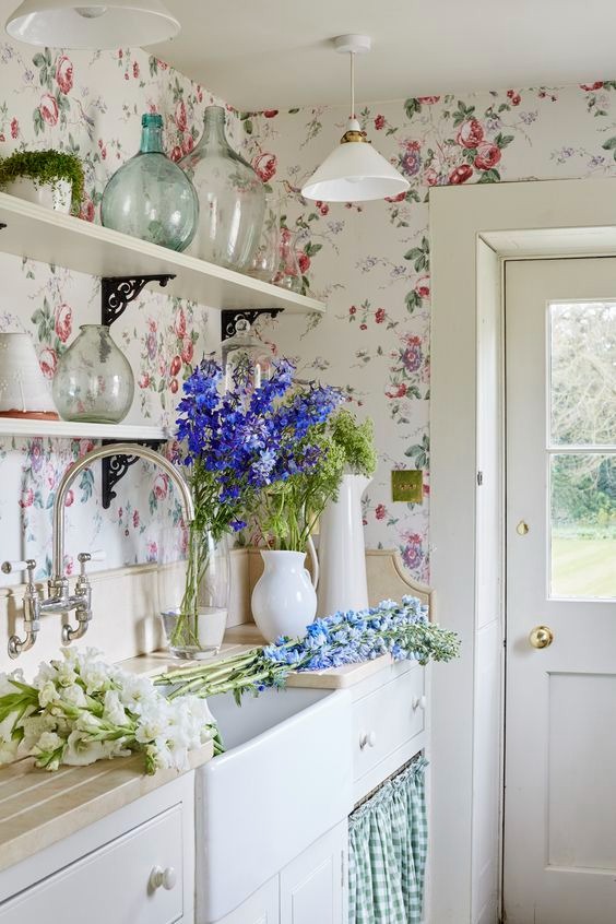 bright spring kitchen with flowers