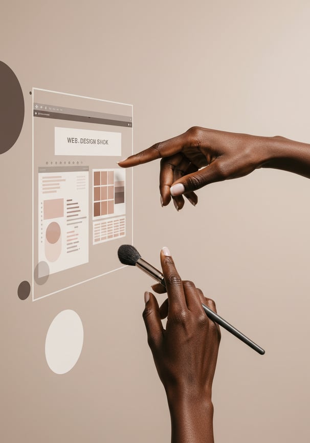 a person pointing at a screen with a makeup brush