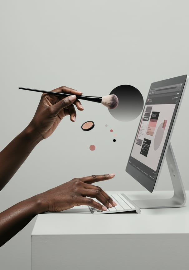 conceptual photo of a person using a desktop computer holding a makeup brush in hand