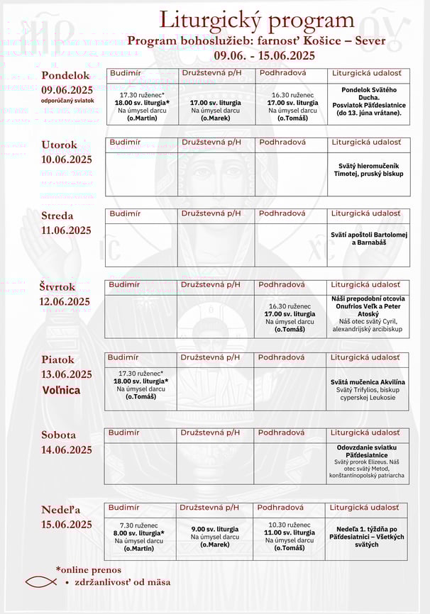 Liturgický program farnosti – týždenný rozpis bohoslužieb a udalostí