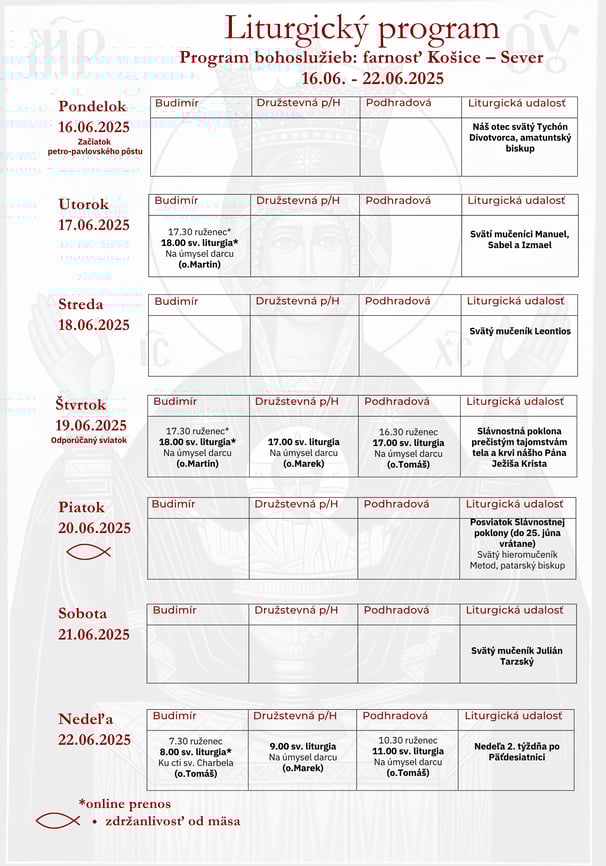 Liturgický program farnosti – týždenný rozpis bohoslužieb a udalostí