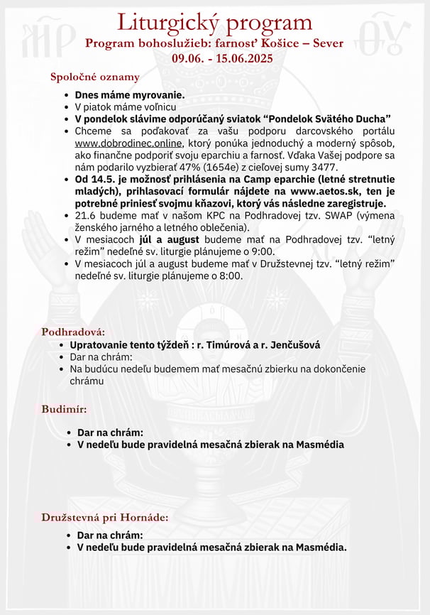 Liturgický program farnosti – týždenný rozpis bohoslužieb a udalostí