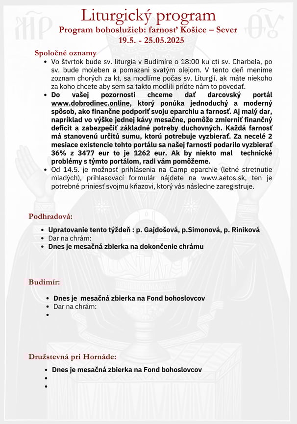 Liturgický program farnosti – týždenný rozpis bohoslužieb a udalostí