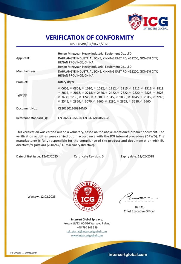 MINGYUAN rotary dryer CE certifiate