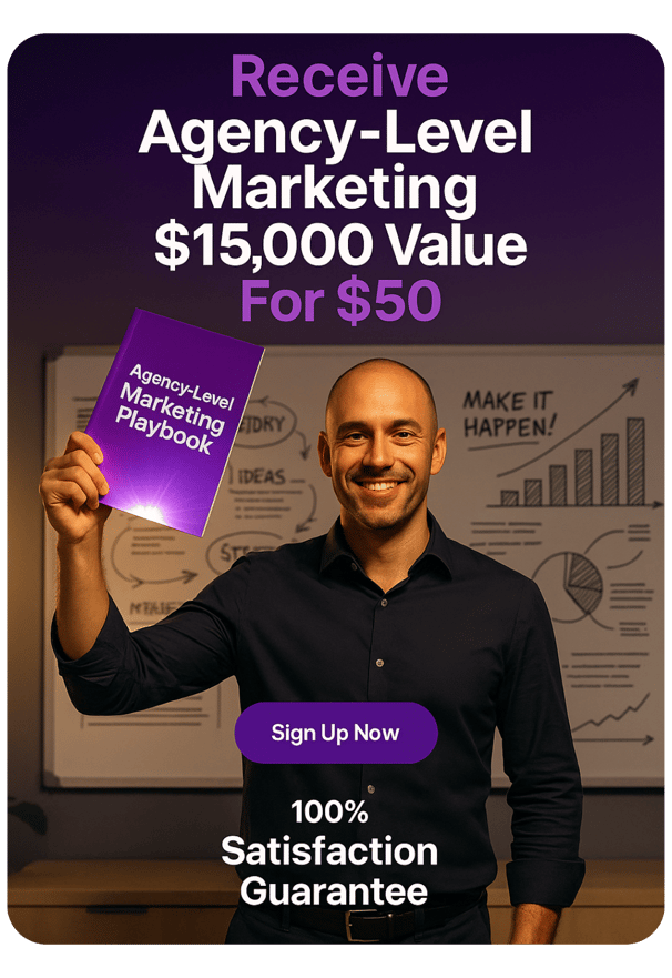 15k marketing playbook held up in the right hand of the male actor next to the actors face 
