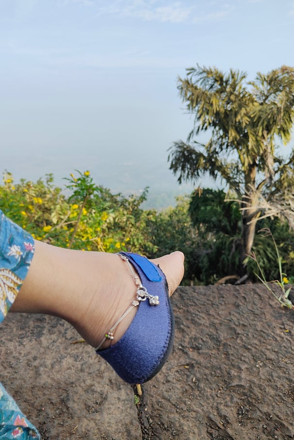 एक व्यक्ति दूर घाटी की ओर देखते हुए