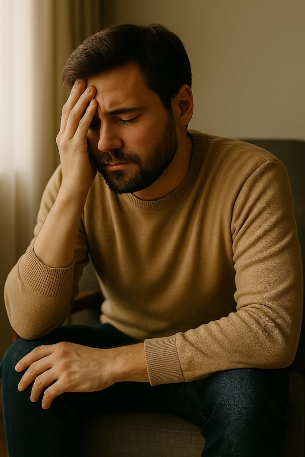 Adulto joven, profesionista sentado y abrumado por todo el estrés que le causa su situación actual