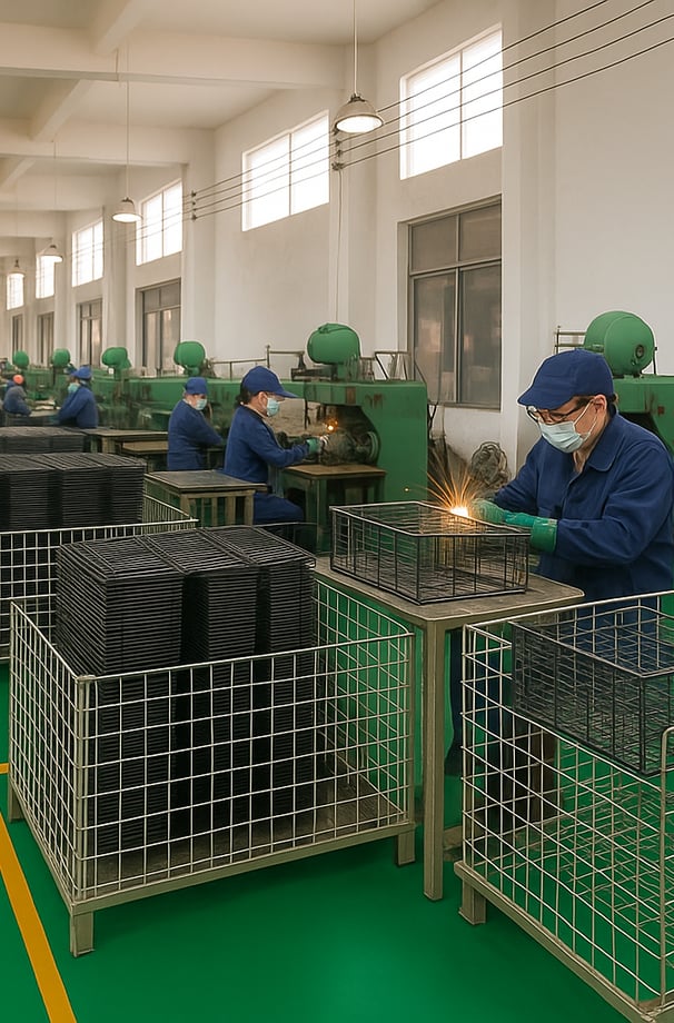 Trabajadores de fábrica ensamblando estantes metálicos personalizados de almacenamiento — Producción