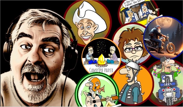 Caricature artists surrounded by some of his caricature subjects.