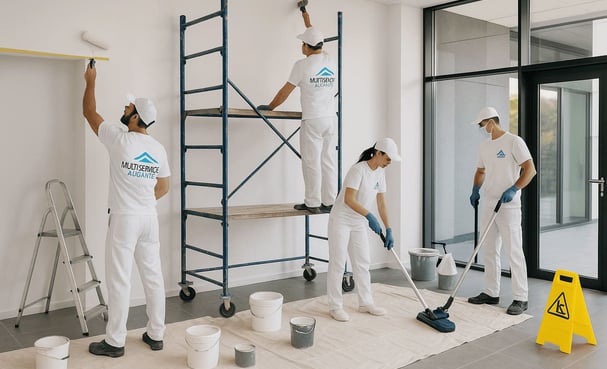 Pintores en un local uniformados de blanco de Multiservicios Alicante