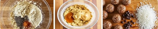 Process of making no-bake protein energy balls, from mixing ingredients to forming the finished balls with chocolate chips an