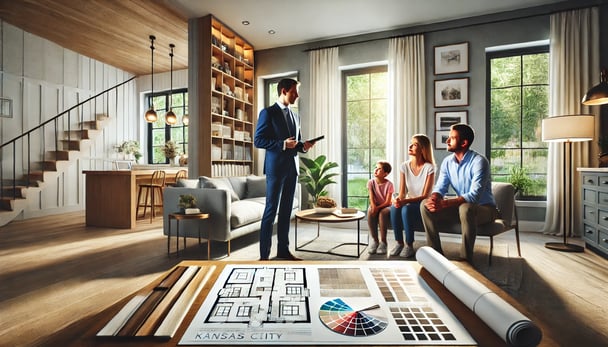 A professional consultation between a contractor and a Kansas City family, reviewing blueprints and 