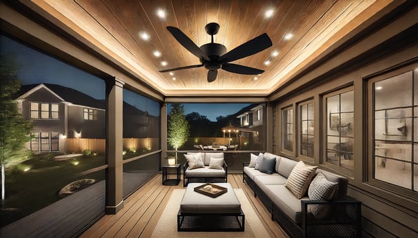 	Screened-in deck with recessed lighting and modern ceiling fan.