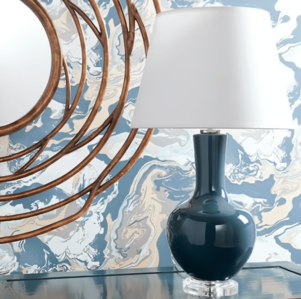 blue lamp with white lamp shade