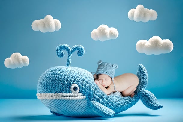 newborn baby boy sleeping on a plush whale, in a photography studio, newborn photos