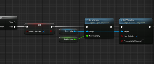 Unreal Engine 5 Blueprint logic for a flash-like spot light.