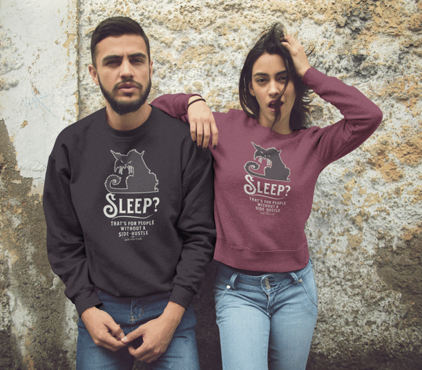 vivid calm designs, side gig club, Sleepless Grind, Hustler Cat, black cat, vivid calm designs