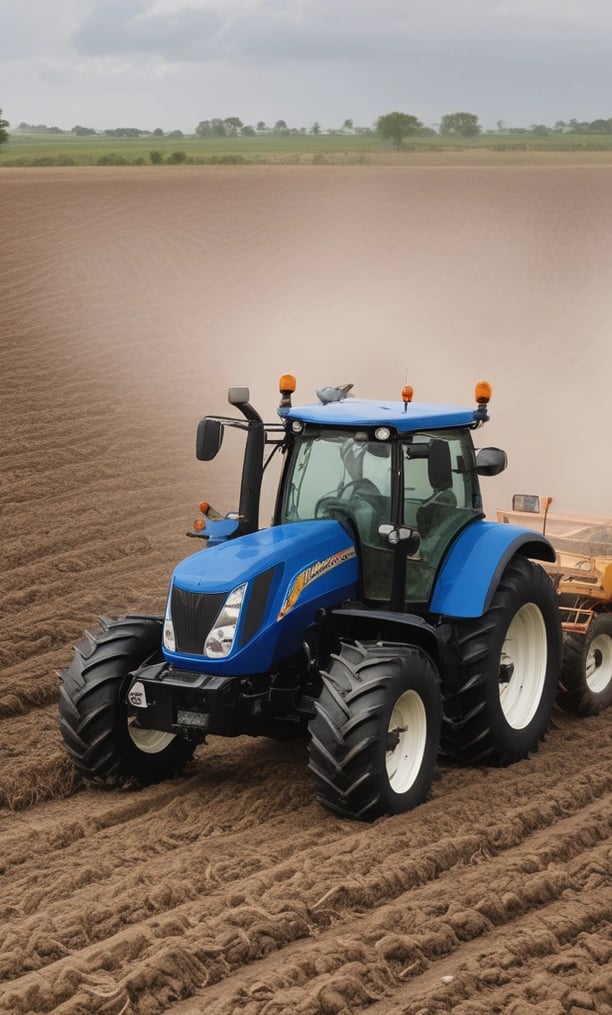 A large black tractor with big, textured tires is parked in an industrial outdoor setting. Adjacent to the tractor, there is a piece of orange agricultural machinery with metal components. In the background, parts of a building and some trees are visible.