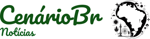 Logo do site: CenárioBr na cor verde floresta, Notícias posicionado logo abaixo e um mapa do Brasil contornado de preto.