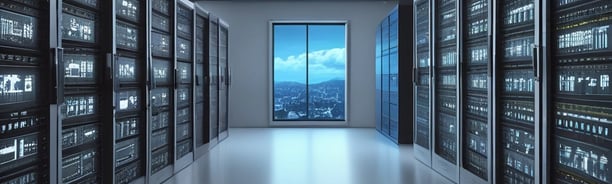 A cloud-shaped object with server racks is connected via cables to a computer monitor. The setup is surrounded by several black squares on a blue background, evoking concepts of cloud computing and data networks.