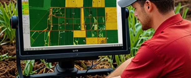 a man in a red shirt is looking at a computer screen